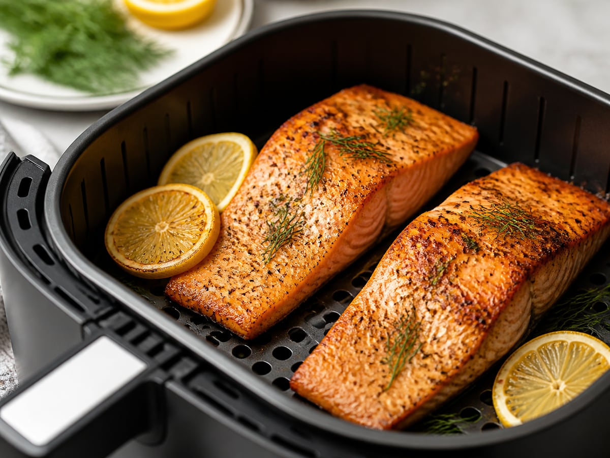Air fryer basket with cooked salmon